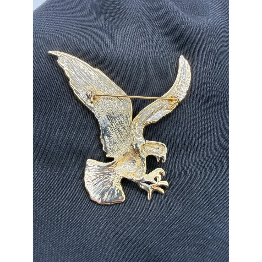 Gold Tone Soaring Eagle Brooch Clear Pave Crystal Rhinestone Green Eye Pin